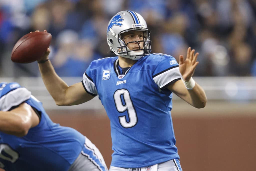 Detroit Lions quarterback Matthew Stafford (9) drops back to pass in the second quarter of an NFL football game against the San Diego Chargers in Detroit, Saturday, Dec. 24, 2011. (AP Photo/Rick Osentoski)
