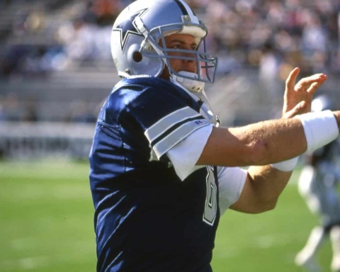 Troy Aikman warms up prior to the Dallas Cowboys playing the Phoenix Cardinals on Nov. 22, 1992 in Tempe. Arizona. Photo by Richard Paolinelli.