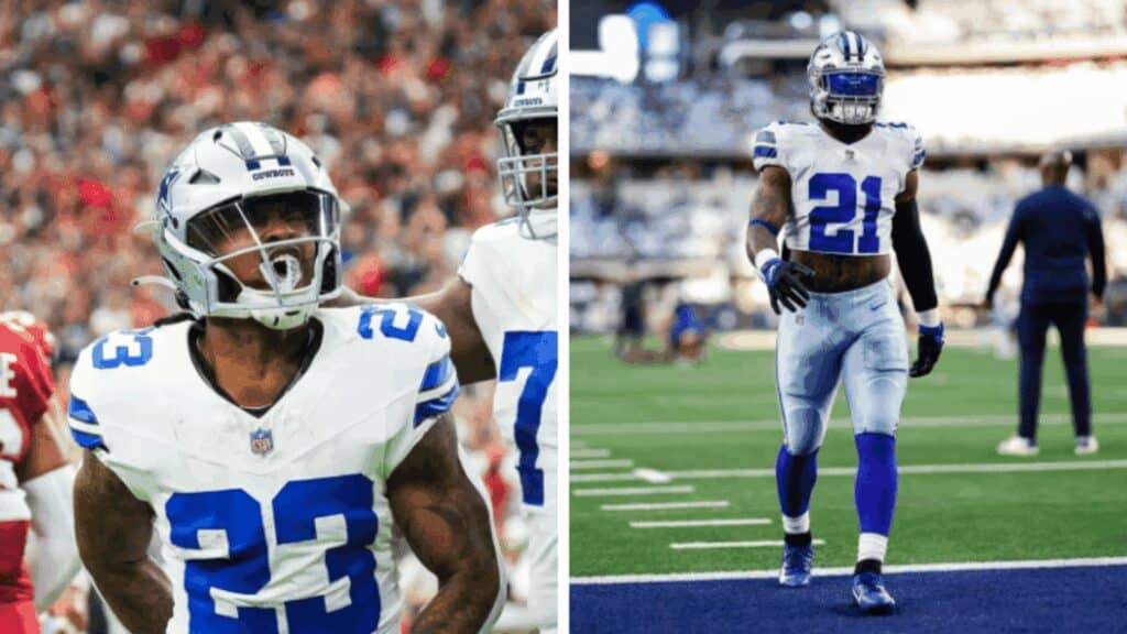 Football players in Dallas Cowboys uniforms on the field.