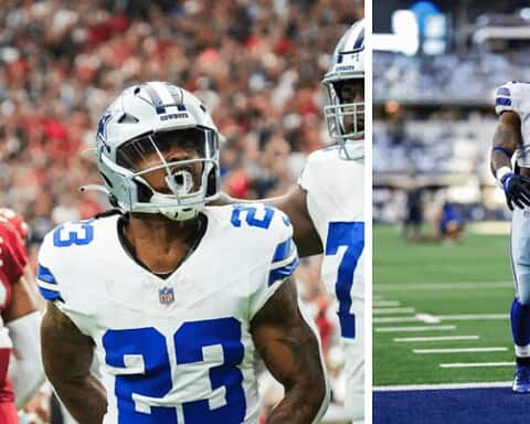 Football players in Dallas Cowboys uniforms on the field.