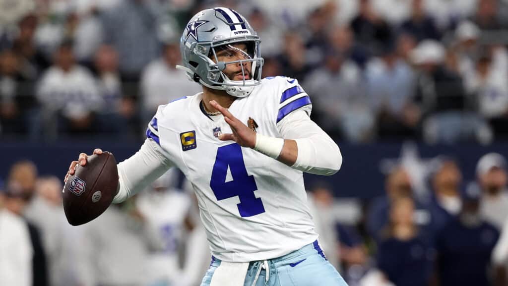 Jan 14, 2024; Arlington, Texas, USA; Dallas Cowboys quarterback Dak Prescott (4) drops back to pass against the Green Bay Packers in the first half of the 2024 NFC wild card game at AT&T Stadium. Mandatory Credit: Kevin Jairaj-USA TODAY Sports