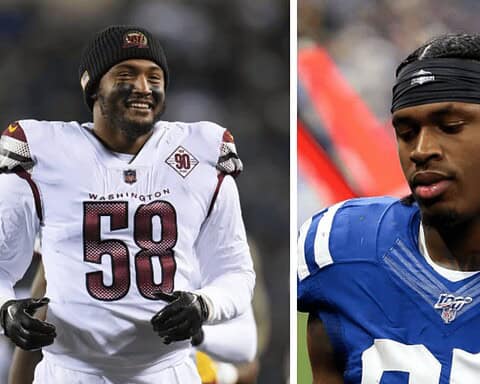 Two football players in uniforms; the left player smiles in a Washington jersey, the right player looks downward in an Indianapolis jersey.