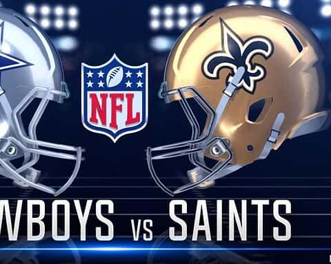 NFL matchup graphic featuring Dallas Cowboys and New Orleans Saints helmets facing each other with the NFL logo in the center.