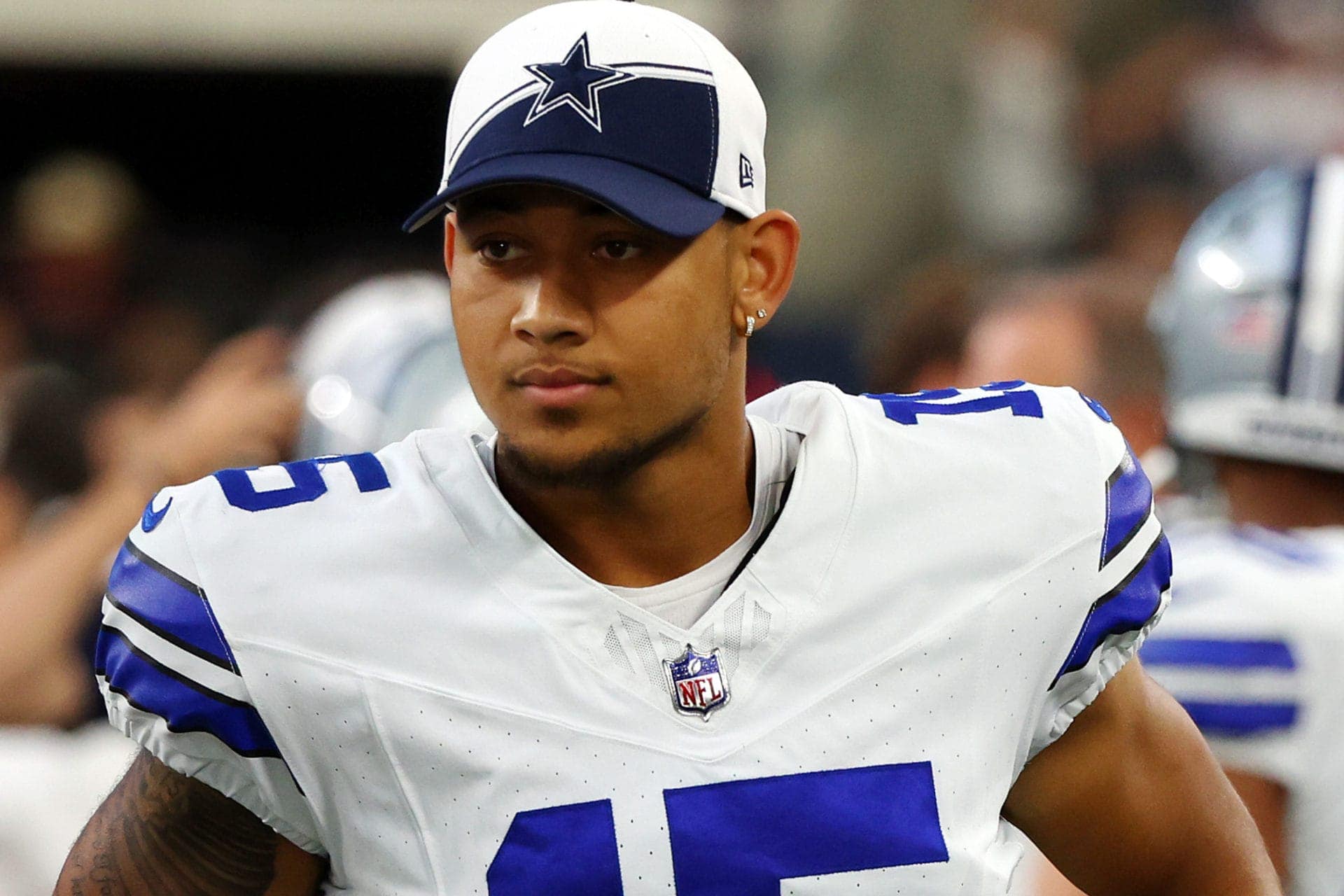 ARLINGTON, TEXAS - OCTOBER 01: Trey Lance #15 of the Dallas Cowboys stands on the sidelines during a game against the New England Patriots at AT&T Stadium on October 01, 2023 in Arlington, Texas. (Photo by Richard Rodriguez/Getty Images)