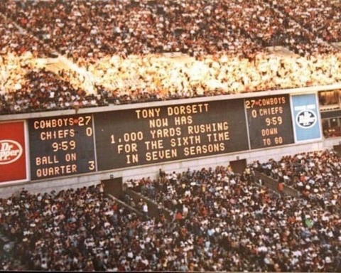 SHot of the TExas STadium scoreboard during the 1983 game between Kansas City and Dallas. Photo by Richard Paolinelli