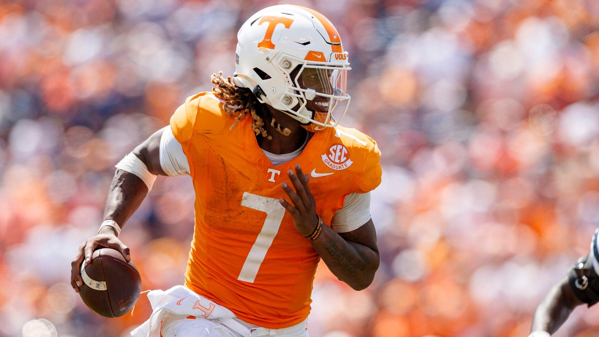 NASHVILLE, TN - September 02, 2023 - Quarterback Joe Milton III #7 of the Tennessee Volunteers during the game between the Virginia Cavaliers and the Tennessee Volunteers at Nissan Stadium in Nashville, TN. Photo By Kate Luffman/Tennessee Athletics