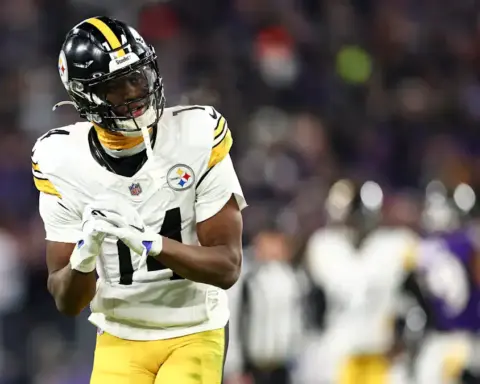 Dynamic NFL player in Pittsburgh Steelers uniform during game, showcasing athleticism on the football field.