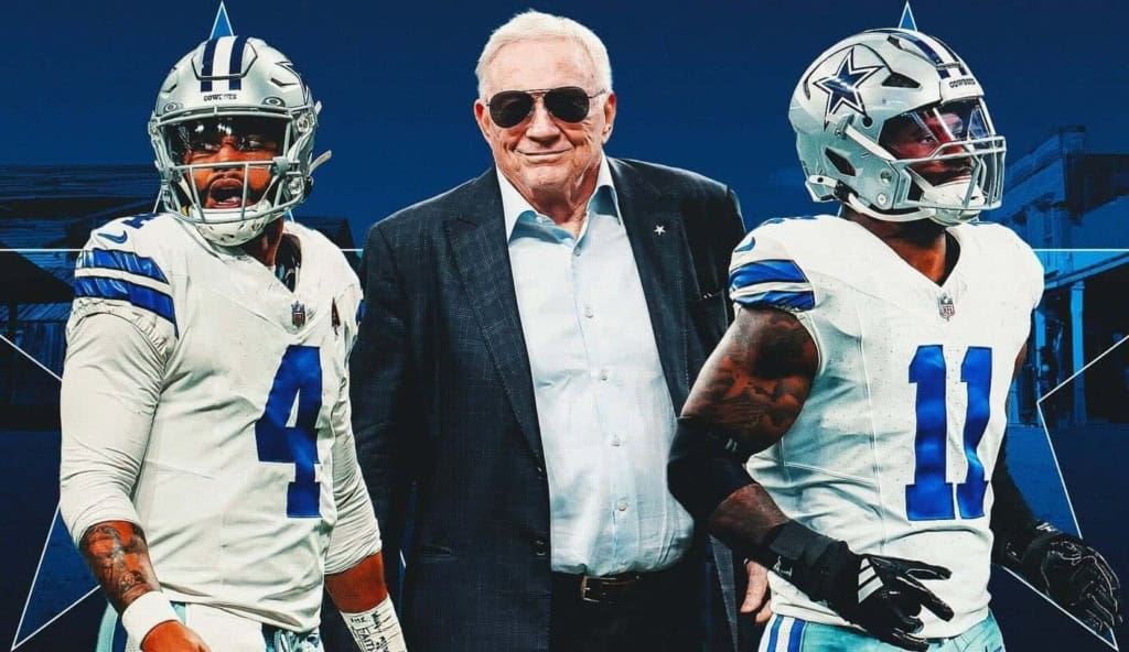 Dallas Cowboys football players with coach or team official, wearing helmets and uniforms, posing outdoors; NFL team at the forefront of American football.