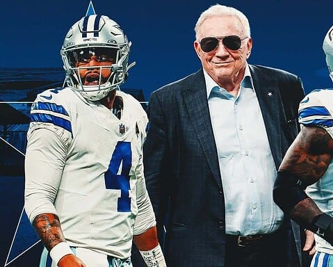 Dallas Cowboys football players with coach or team official, wearing helmets and uniforms, posing outdoors; NFL team at the forefront of American football.