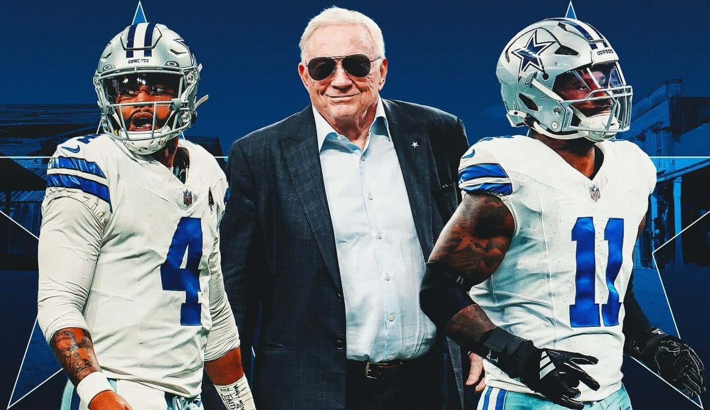 Dallas Cowboys football players with coach or team official, wearing helmets and uniforms, posing outdoors; NFL team at the forefront of American football.
