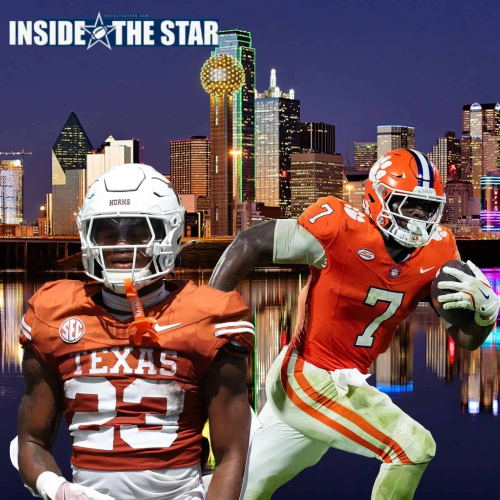 Dallas Cowboys football players wearing orange and white jerseys with a city skyline background, emphasizing Texas and American football themes.