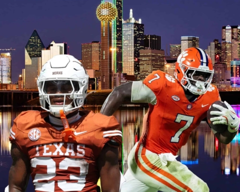 Dallas Cowboys football players wearing orange and white jerseys with a city skyline background, emphasizing Texas and American football themes.