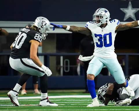 "Inside The Star" Dallas Cowboys football game with players celebrating a touchdown on the field, showcasing NFL action, team uniforms, and player emotions in a professional football stadium.