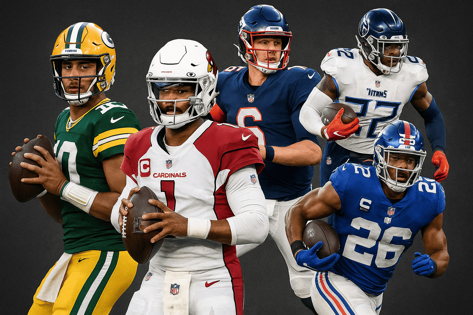 Elite football players from the Green Bay Packers, Arizona Cardinals, New York Giants, Tennessee Titans, and Detroit Lions in action during NFL training or game day.