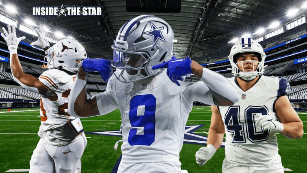 Dallas Cowboys football players celebrating on the field at AT&T Stadium, showcasing team spirit, game day action, and NFL football excitement.