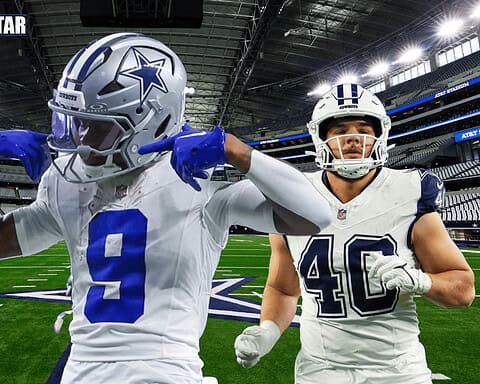Dallas Cowboys football players celebrating on the field at AT&T Stadium, showcasing team spirit, game day action, and NFL football excitement.