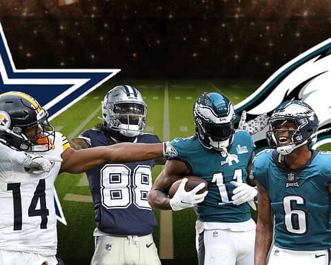 Bold, vibrant NFL team action image featuring Philadelphia Eagles and Dallas Cowboys players on the field with team logos, ideal for sports blogs, news, and Eagles vs Cowboys game coverage.