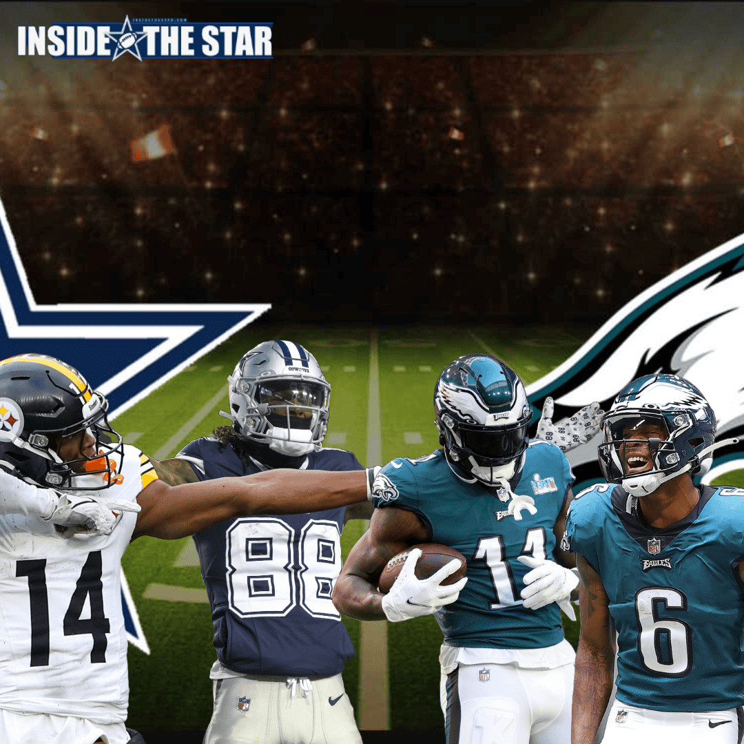 Bold, vibrant NFL team action image featuring Philadelphia Eagles and Dallas Cowboys players on the field with team logos, ideal for sports blogs, news, and Eagles vs Cowboys game coverage.