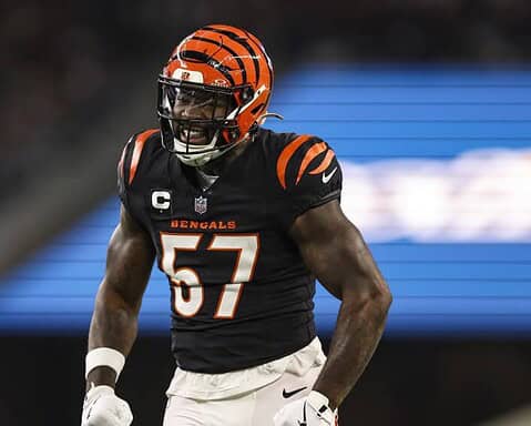 Cincinnati Bengals linebacker celebrating on the field during an NFL game.
