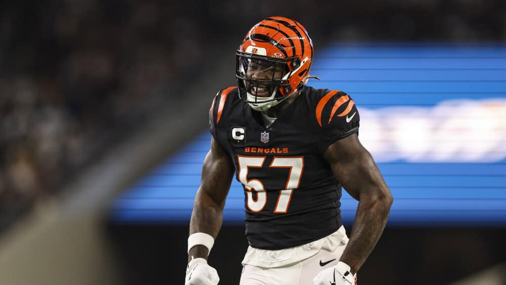 Cincinnati Bengals linebacker celebrating on the field during an NFL game.