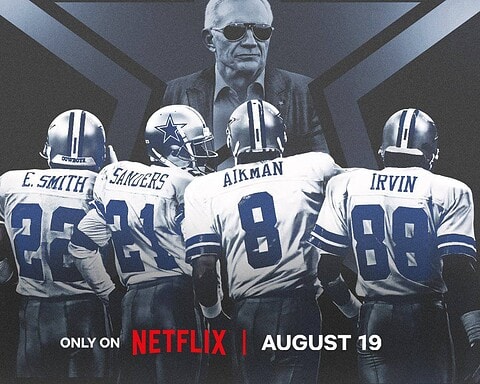 A promotional poster for Netflix series "America's Team," featuring Dallas Cowboys players and a coach, emphasizing insider NFL stories and Cowboys history, releasing on August 19.