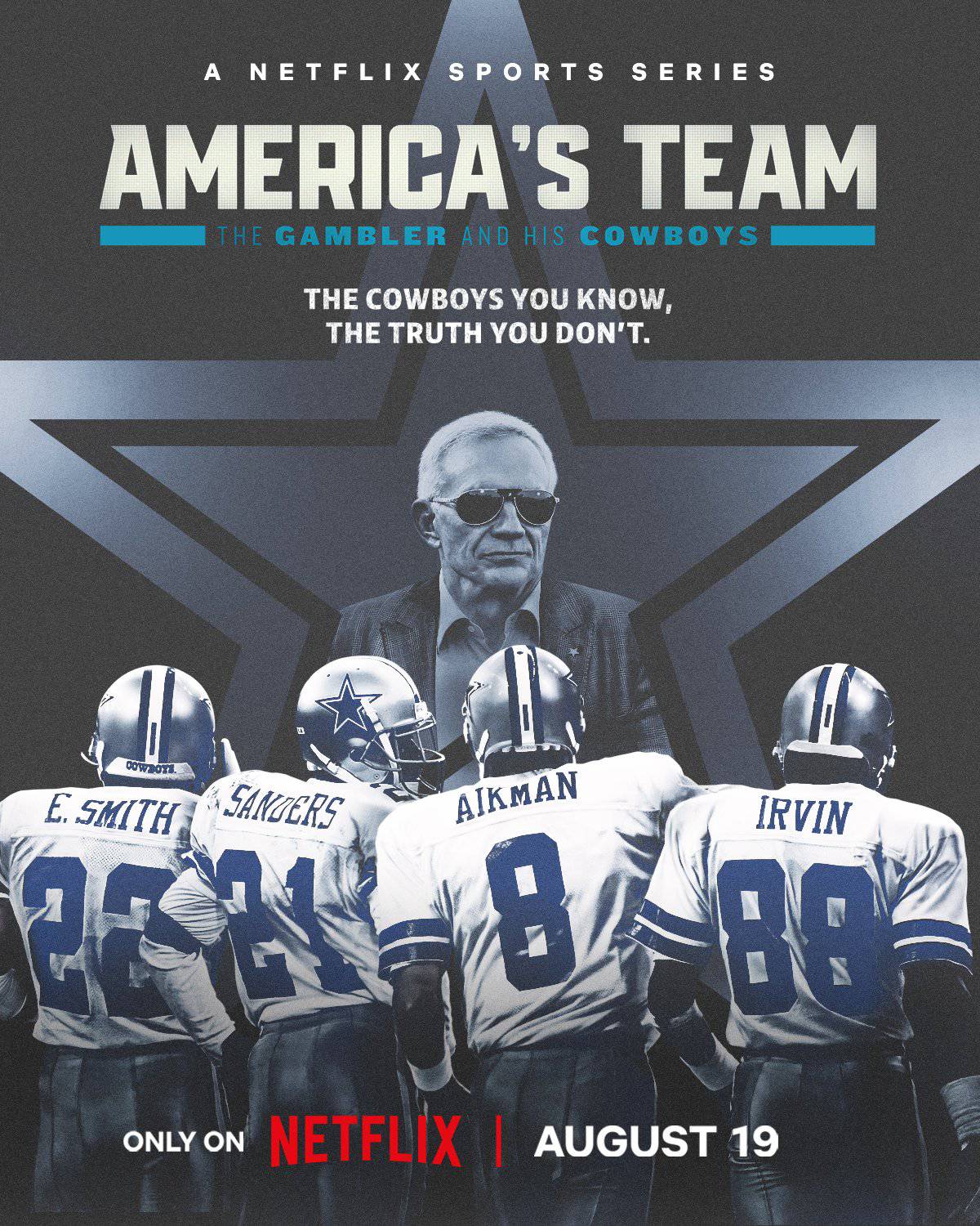A promotional poster for Netflix series "America's Team," featuring Dallas Cowboys players and a coach, emphasizing insider NFL stories and Cowboys history, releasing on August 19.