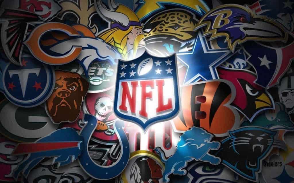 NFL team logos collage featuring Dallas Cowboys, Denver Broncos, Jacksonville Jaguars, Seattle Seahawks, Baltimore Ravens, Cincinnati Bengals, and other football team symbols.