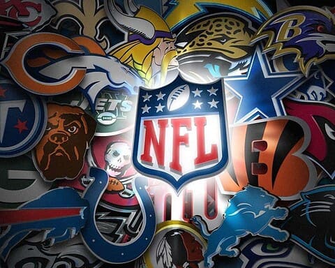 NFL team logos collage featuring Dallas Cowboys, Denver Broncos, Jacksonville Jaguars, Seattle Seahawks, Baltimore Ravens, Cincinnati Bengals, and other football team symbols.