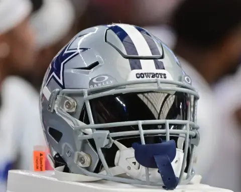 Dallas Cowboys football helmet on display, showcasing team branding and logo. Perfect for NFL fans, football memorabilia, and Dallas Cowboys merchandise, highlighting team spirit and sports equipment.