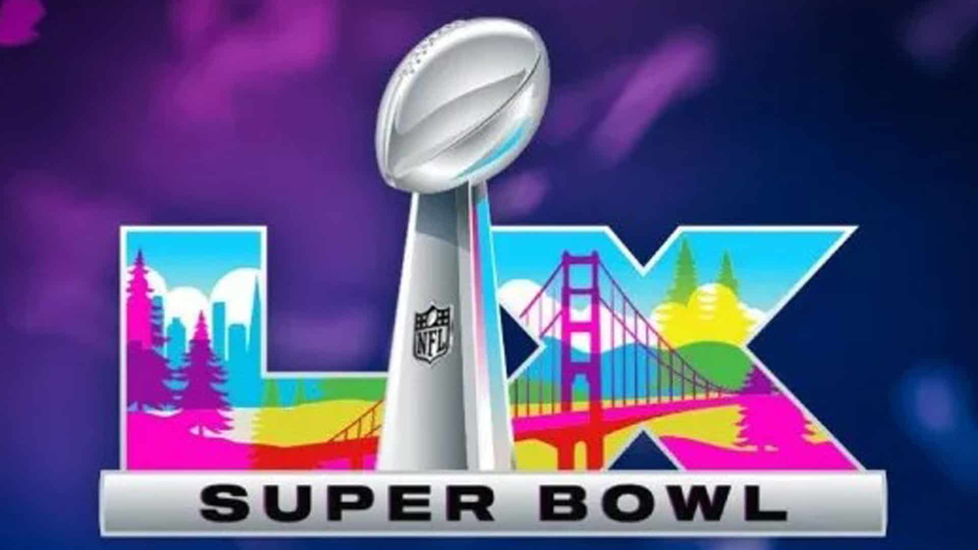 Colorful Super Bowl logo featuring the NFL trophy, San Francisco Golden Gate Bridge, city skyline, mountains, trees, and vibrant backgrounds, promoting the upcoming Super Bowl event.