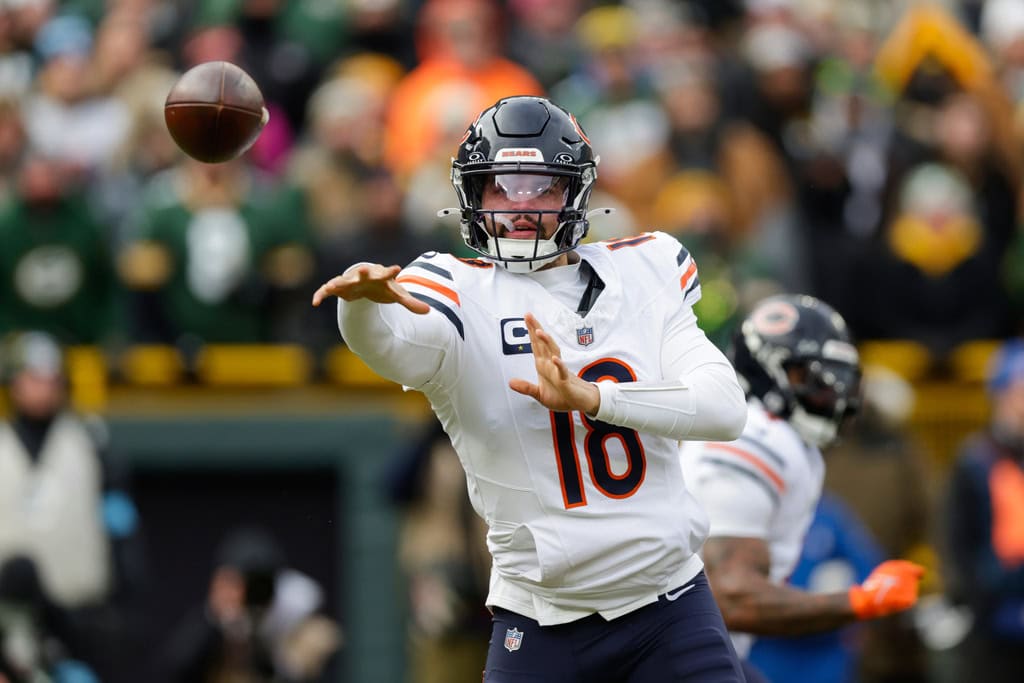 FILE - Chicago Bears quarterback Caleb Williams (18) throws a pass during an NFC football game between the Green Bay Packers and Chicago Bears Sunday, Jan. 5, 2025, in Green Bay, Wis. (AP Photo/Matt Ludtke, File)