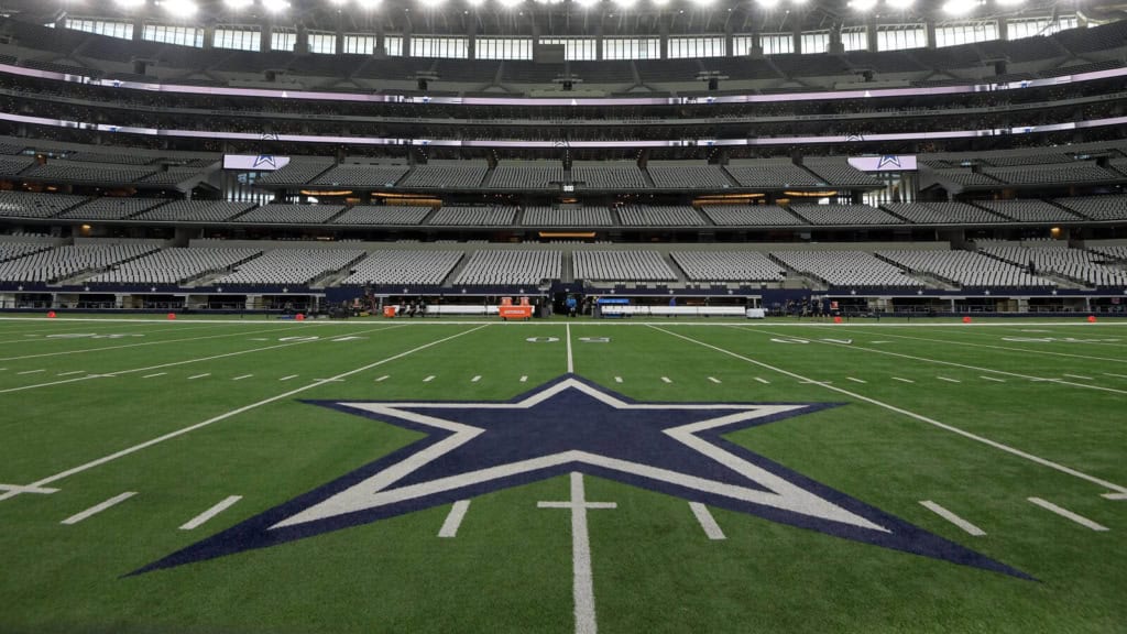 Empty Dallas Cowboys football stadium with the iconic star logo on the field, ready for a game, inside AT&T Stadium in Dallas, Texas.