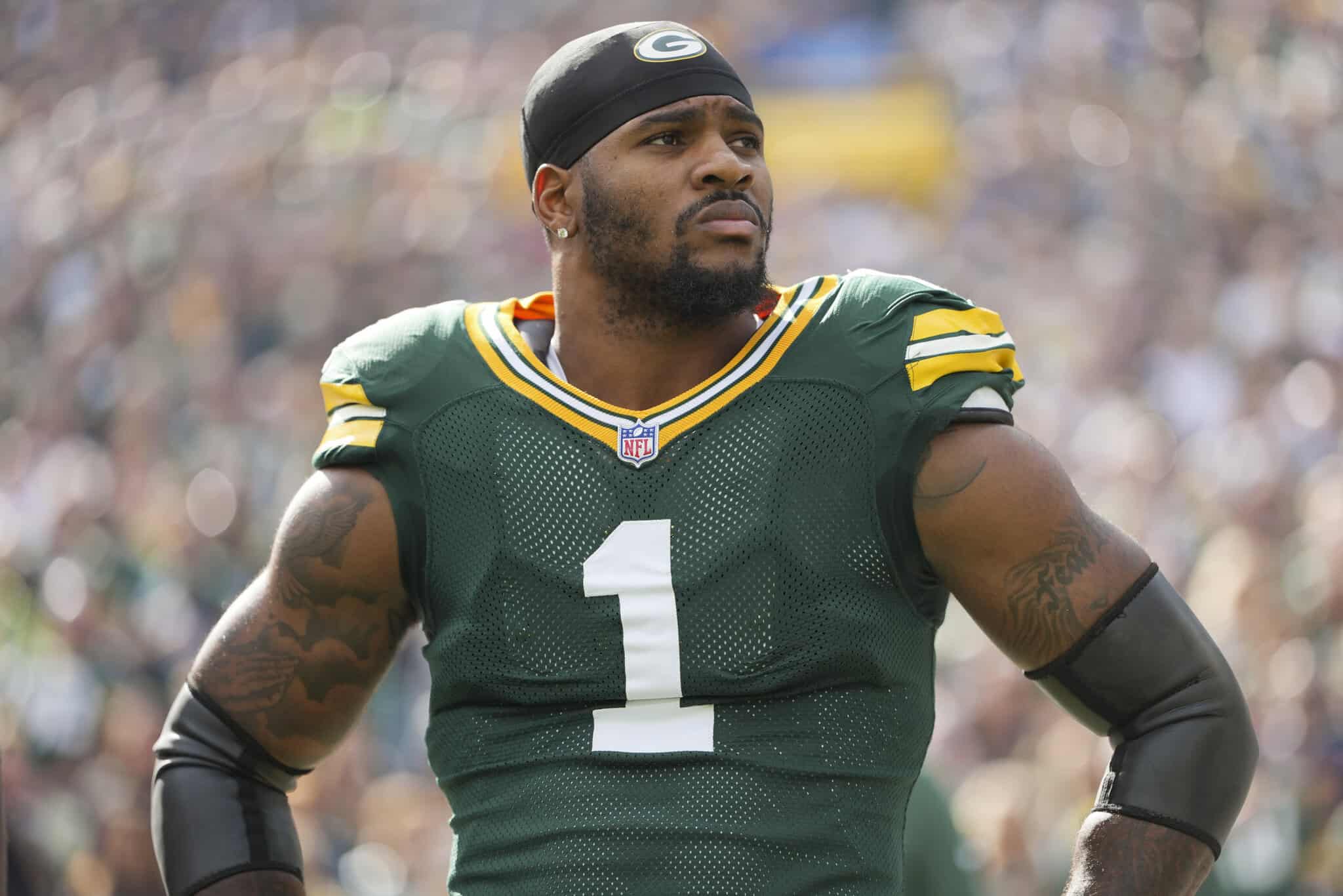 Lions, football player, NFL, Green Bay Packers, inside the star, sports, American football, player portrait, stadium background, game day, athlete in action.