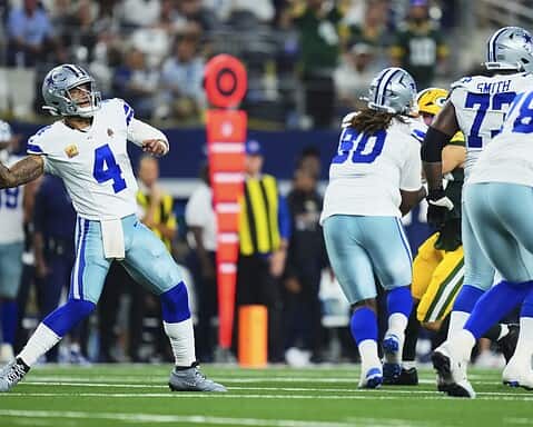 Quarterback Dak Prescott of the Dallas Cowboys prepares to throw a pass during an NFL game, showcasing team strategy and athletic performance on the football field.