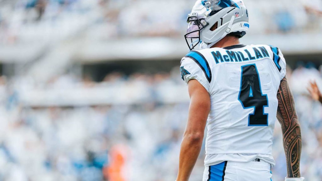 Blue and white NFL football player uniform with number 4 and "McMillan" on the back, on the field during game.