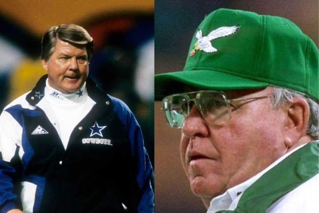 Dallas Cowboys coach in team jacket with logo, on the field during a game. re-ignited when Jimmy Johnson and Buddy Ryan hit the sidelimes in 1989.