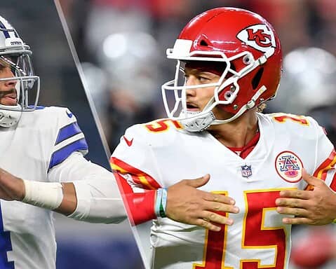 Dallas Cowboys player celebrating, wearing a silver helmet with star logo, white jersey with blue accents, during an NFL game.
