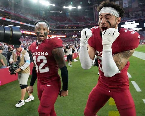 Excited Arizona Cardinals football players celebrating on the field after a victory at State Farm Stadium. Fans and media surround the players, capturing moments of team success and sports enthusiasm at an NFL game.