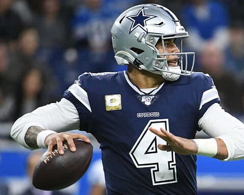 1. Dallas Cowboys quarterback Dak Prescott in action during an NFL game, wearing team uniform and helmet, holding football ready to throw, on the field with blurred fans in background.