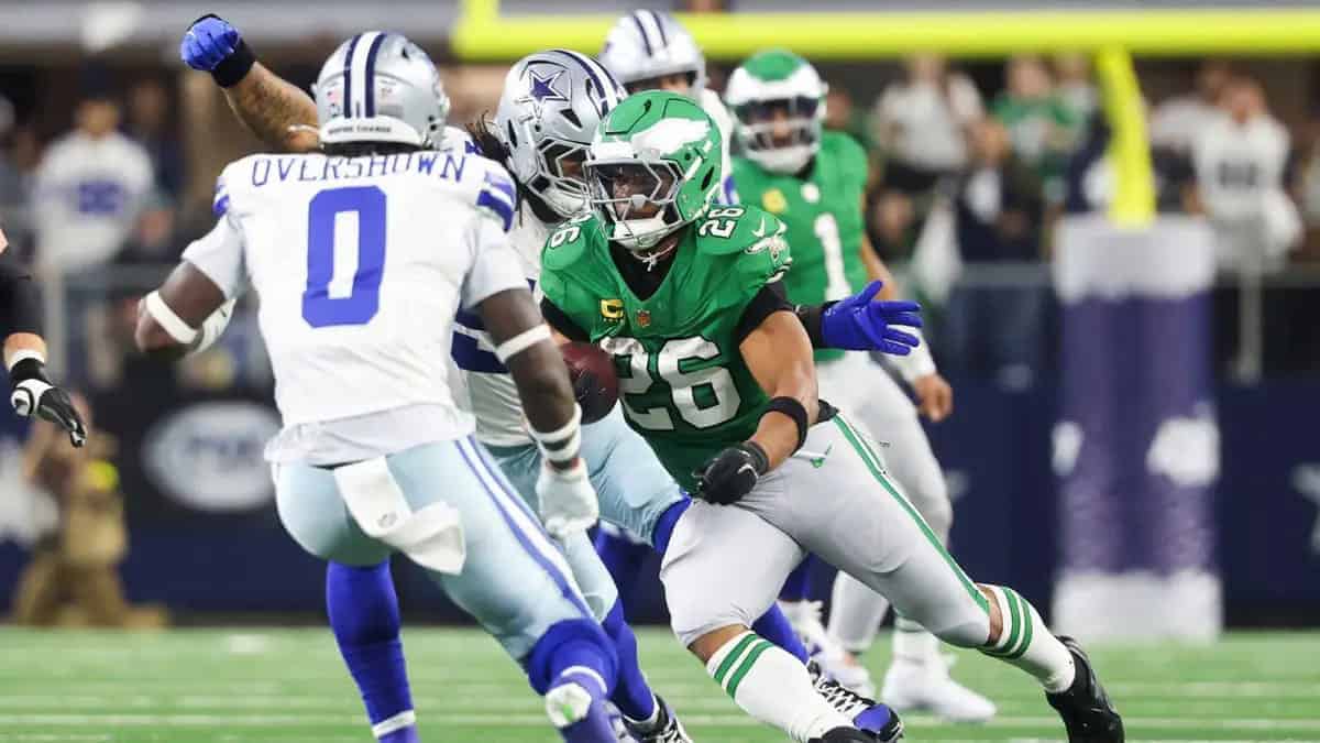 Philadelphia Eagles running back Saquon Barkley is about to be stripped of the football.