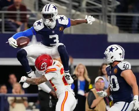 High-energy NFL football game featuring Dallas Cowboys and Kansas City Chiefs, with players in action on the field, emphasizing American football, athleticism, and game excitement.