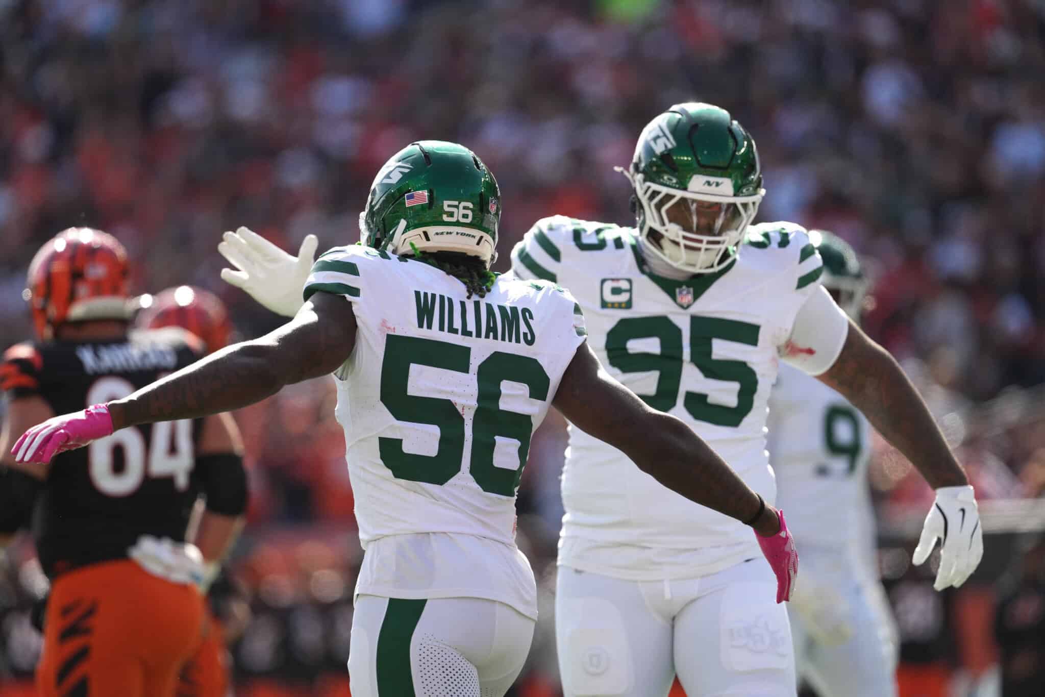 Celebrating a football play, New York Jets players celebrate on the field during an NFL game against the Cleveland Browns, wearing their green and white uniforms with celebrating body language.